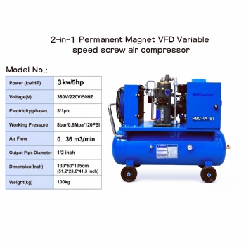 RMC-4A-8T 3kw/5hp 2-in-1 Permanent Magnet VFD Variablespeed Screw air Compressor